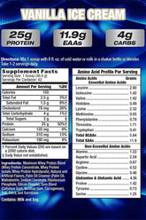 Nutrition label for Vanilla Ice Cream protein powder, detailing protein, EAAs, carbohydrates, and serving instructions.